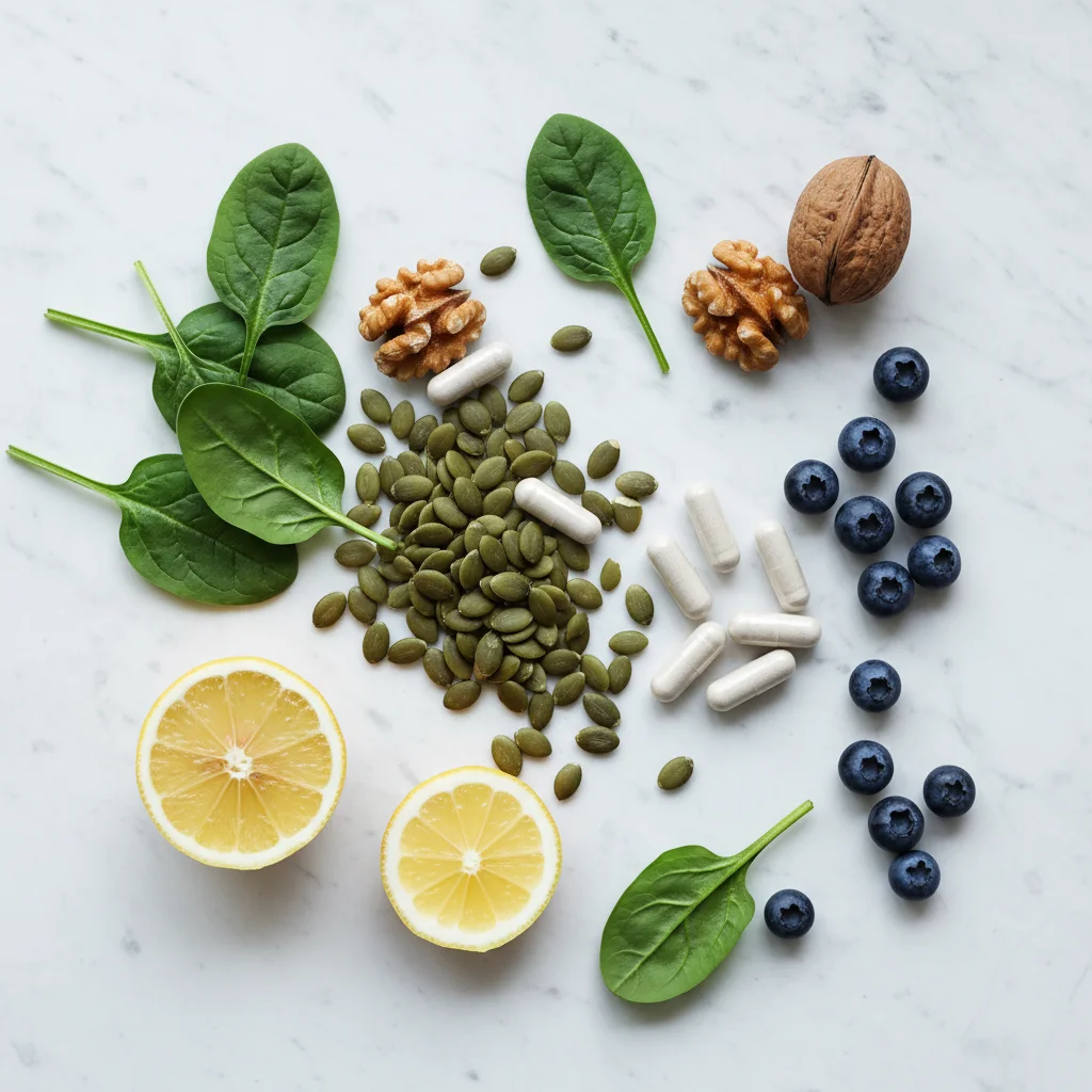 Naturliga ingredienser: pumpakärnor, valnötter, spenat, blåbär, citron och kapslar på vit marmor